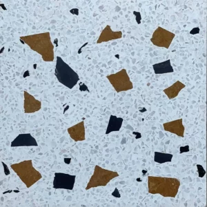 Terrazzo tile with white base, white and black marble chips, big size Black and Brown stones