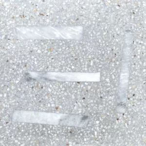 Terrazzo with grey base and ivory marble chips and white marble strips