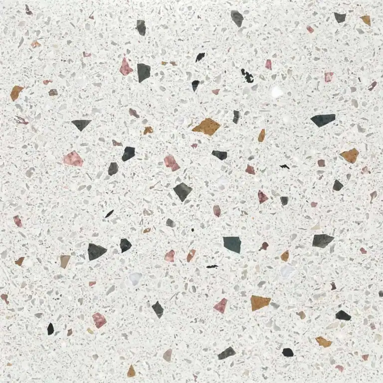 Terrazzo tile with ivory base and Black, Pink, Green & white marble chunks with chips PW15-2000/PW2-700/B2/P2/W (Reference Image Size:24"x24")