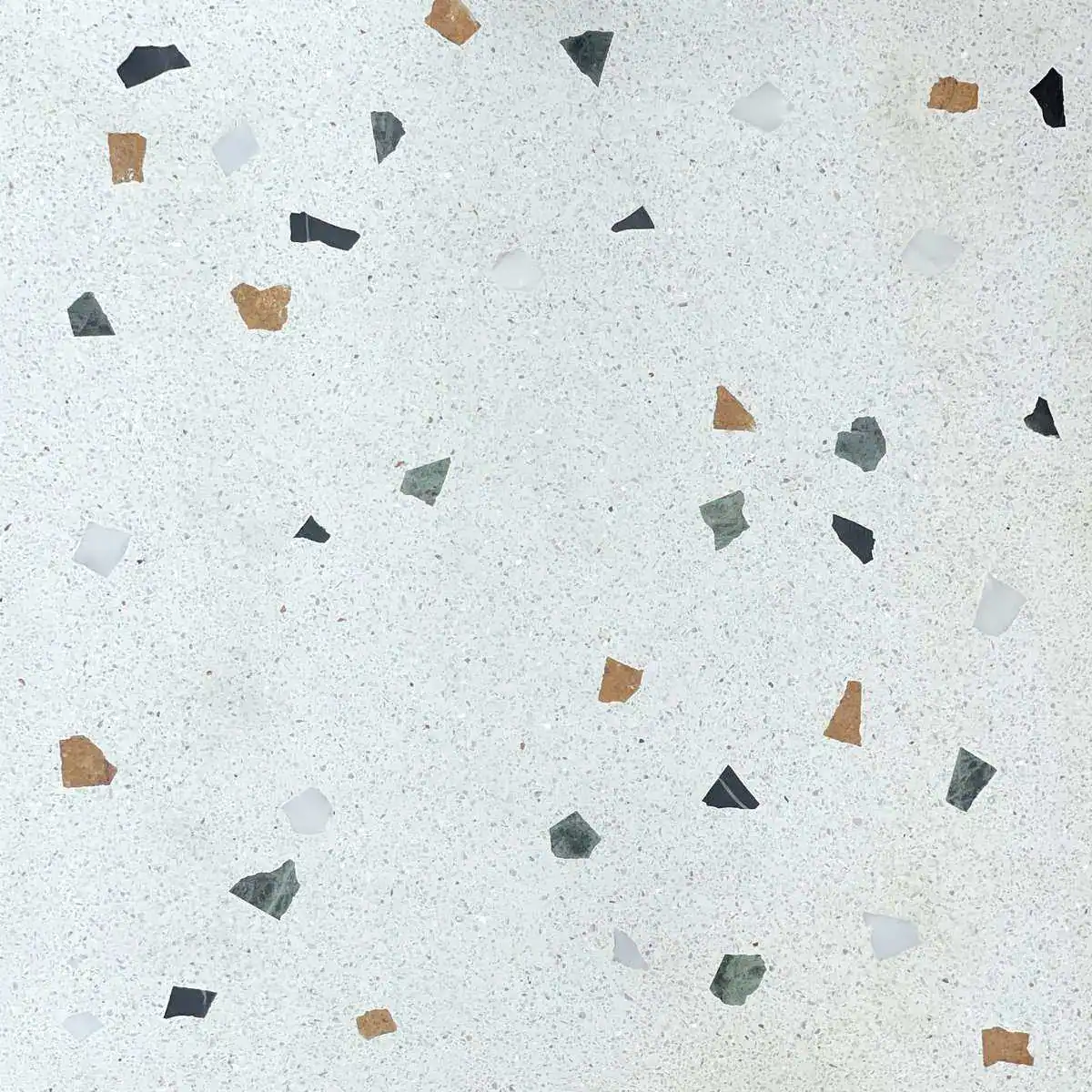 Terrazzo tile with white base and yellow, black, green & white marble chips SW15-SW2/JG2/SW2/B2/W (Reference Image Size:24"24")