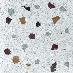 Terrazzo tile with white base and brown, yellow marble pieces and glass chunks SW175-BR1,R1,Y1,GS1/W (Reference Image Size:12"x12")
