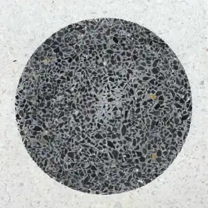 Inlay Terrazzo tile with white base and dark grey terrazzo circle inlay of black marble chips SW175/W-B175/B120F (Reference Image Size:12"x12")